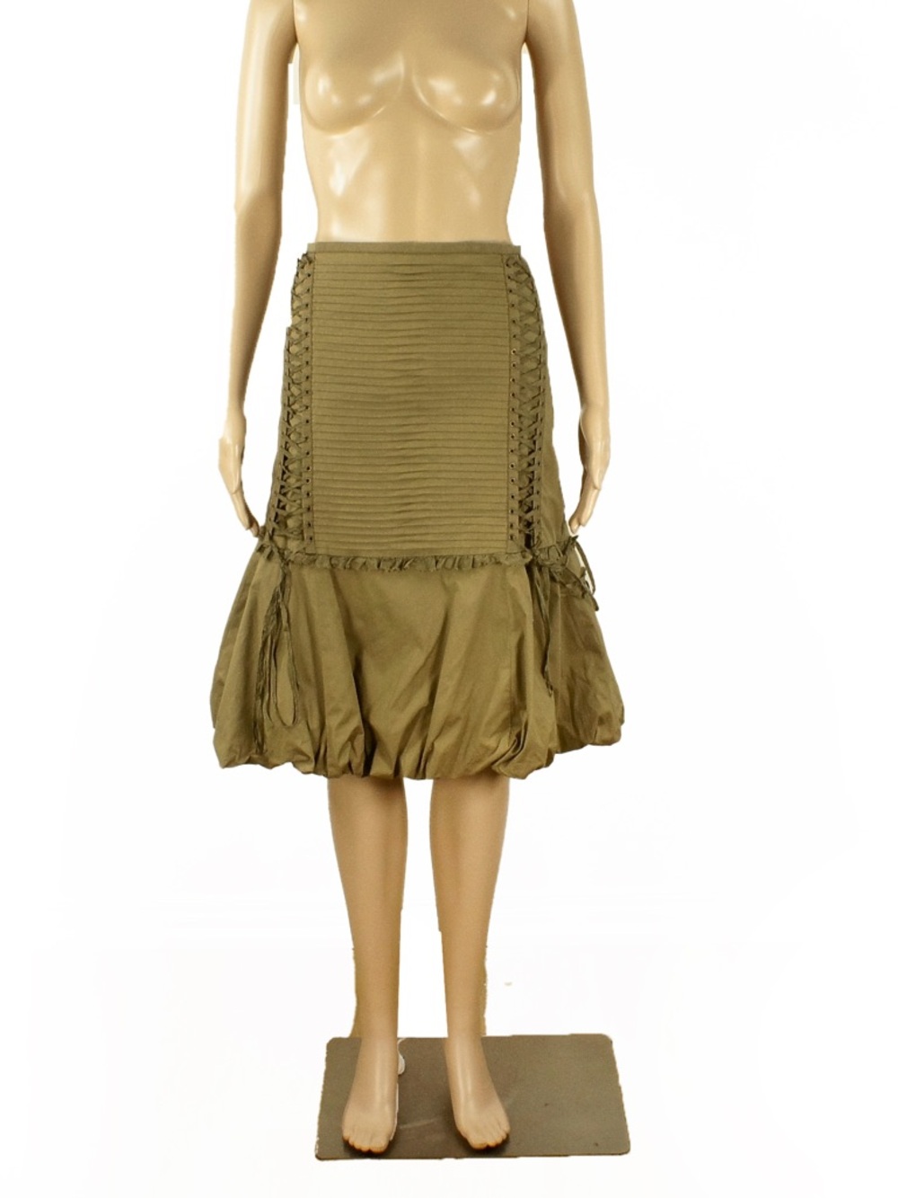 Vintage Debbie Shuchat Khaki Green Ruffle Lace Up Detail Midi Skirt